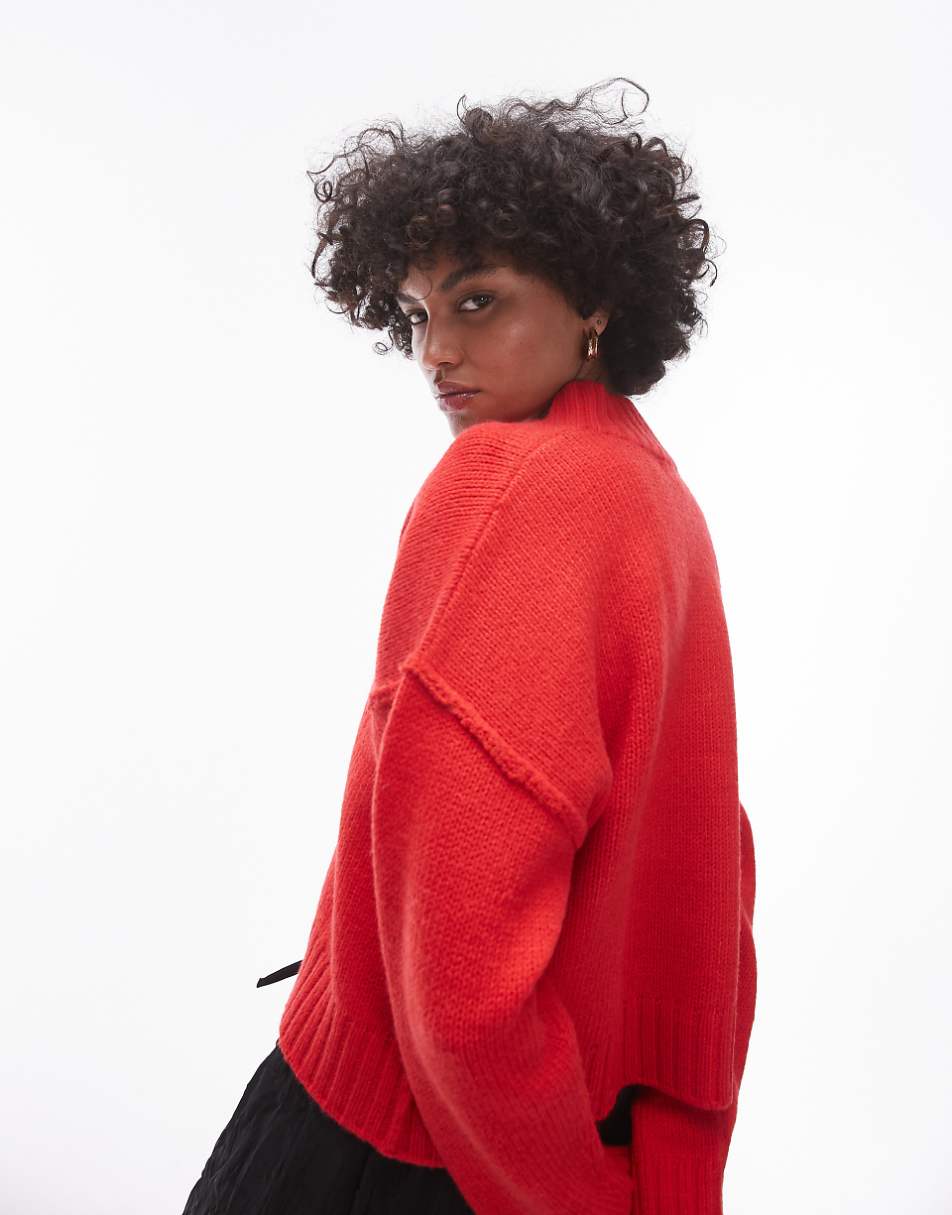 Topshop knit high V-neck clean sweater in red