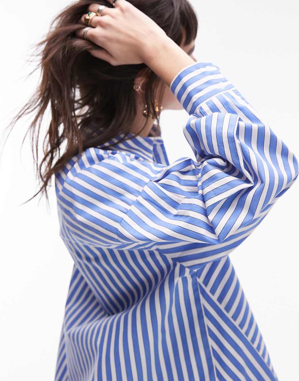 Topshop extreme paneled cotton stripe shirt in wide blue stripe