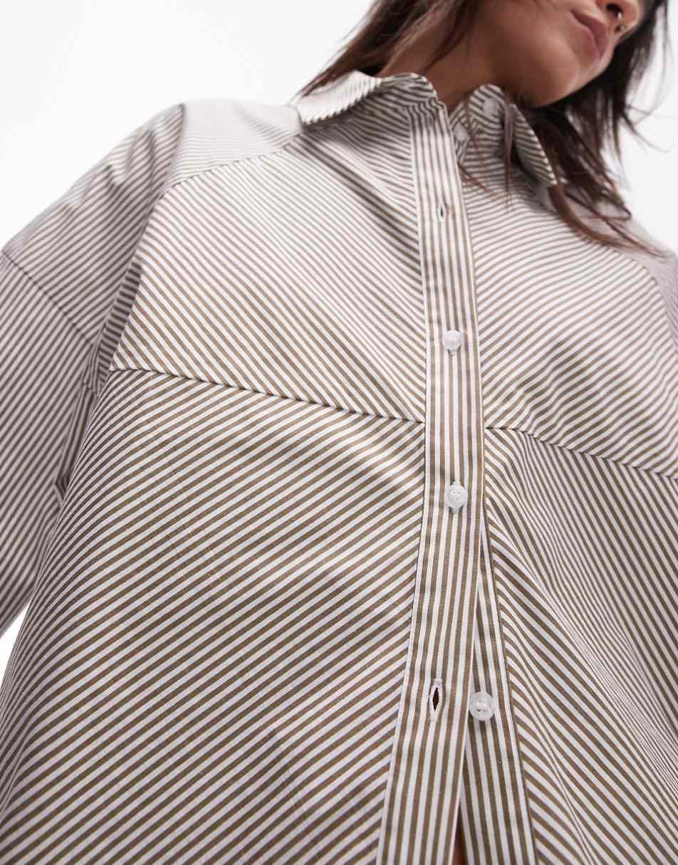 Topshop extreme paneled cotton striped shirt in olive stripe