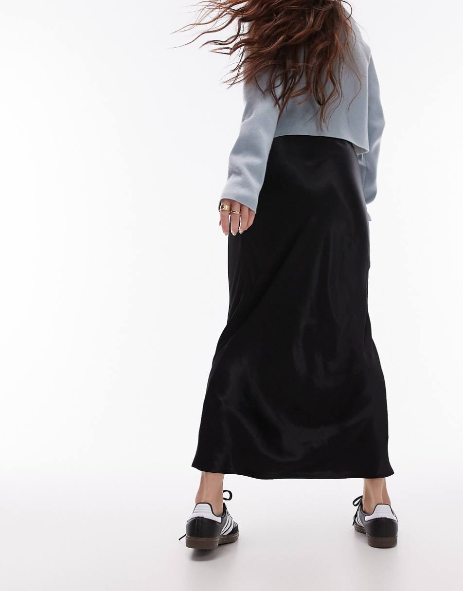 Topshop satin bias midi skirt in black