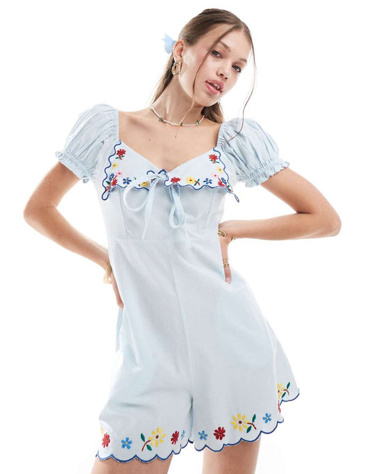 ASOS DESIGN embroidered peter pan collar romper in ice blue