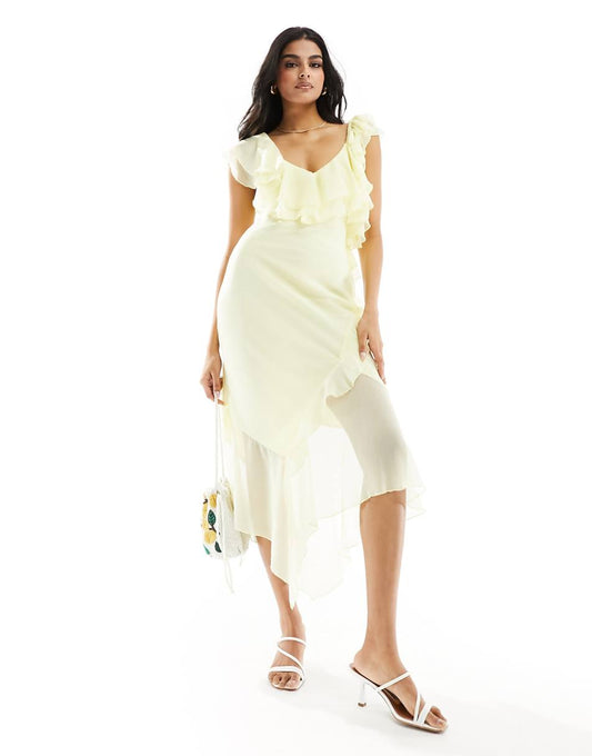 ASOS DESIGN asymmetric frill midi dress in lemon