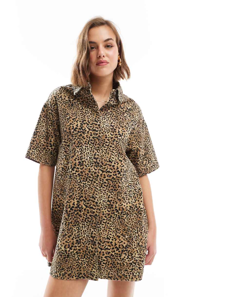 ASOS DESIGN denim short sleeve shirt dress in leopard print