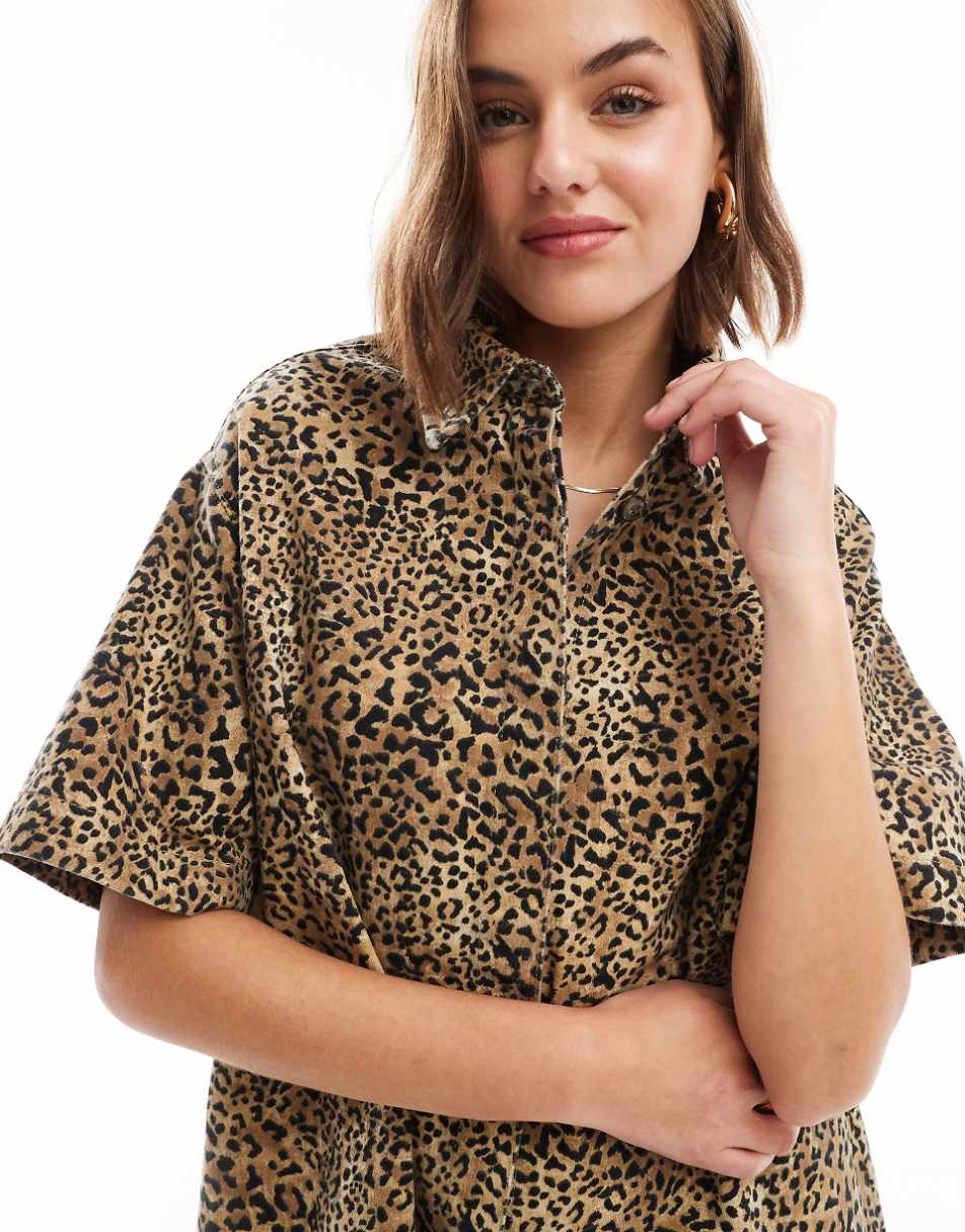 ASOS DESIGN denim short sleeve shirt dress in leopard print