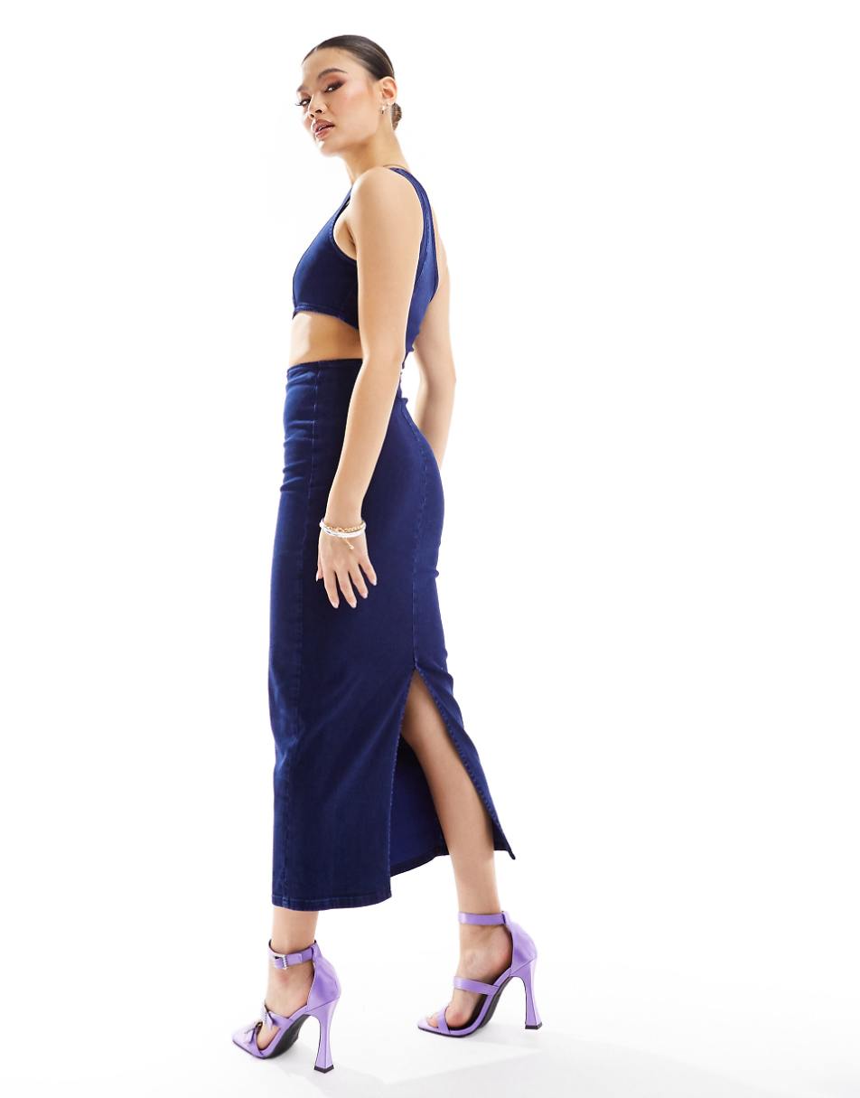 ASOS DESIGN denim cut out midi dress with asymmetric neckline in dark blue wash