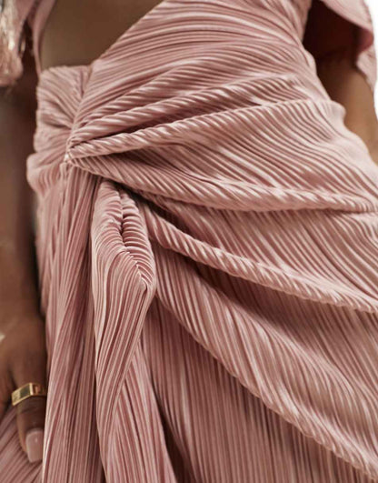ASOS DESIGN two in one fallen shoulder plisse maxi dress in blush
