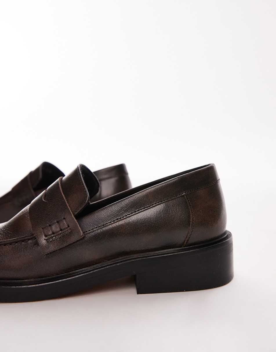 Topshop Cole premium leather square toe loafers in brown