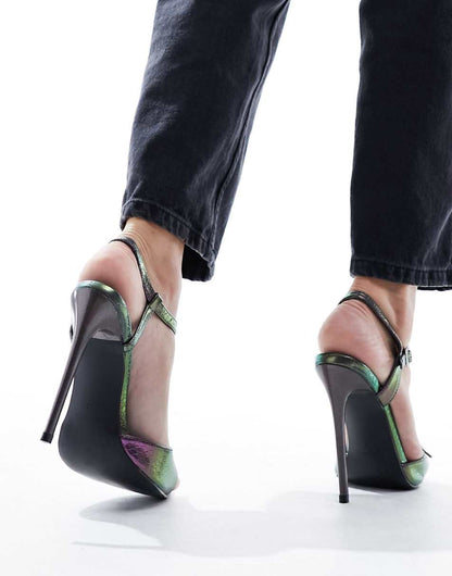 Simmi London Kameo buckle detail heeled sandals with pointed toe in petrol snake metallic
