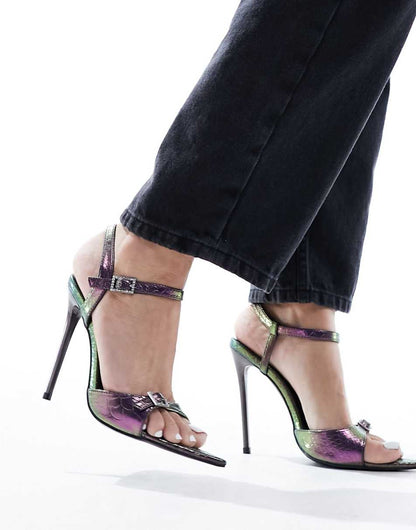 Simmi London Kameo buckle detail heeled sandals with pointed toe in petrol snake metallic