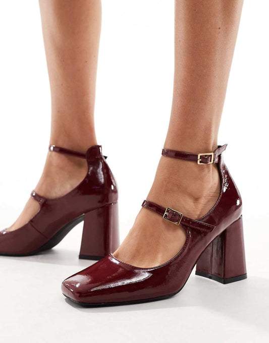 Simmi London Wide Fit Vinda mid block heel shoes with straps in dark red