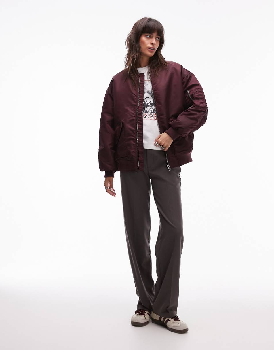 Topshop nero collar nylon bomber jacket in burgundy