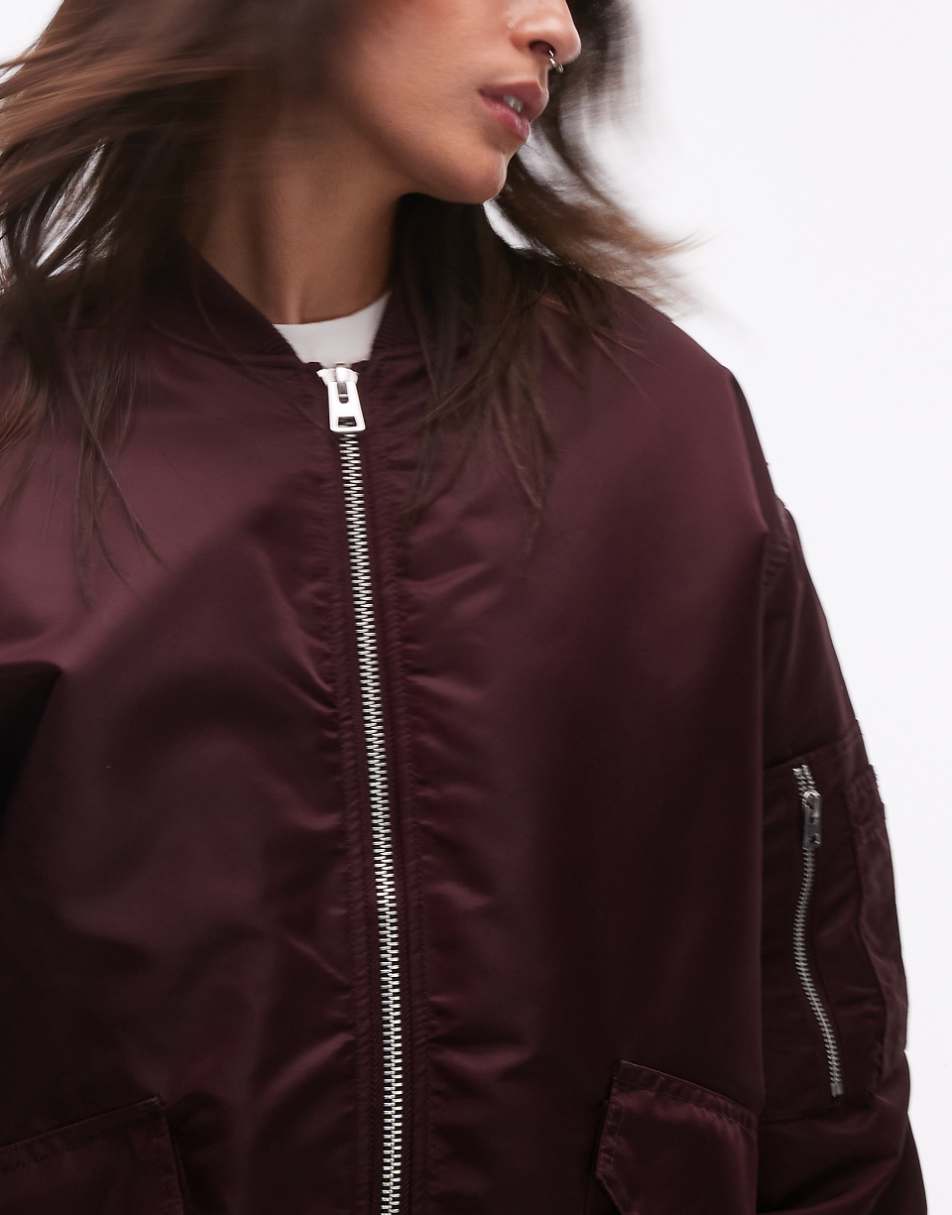 Topshop nero collar nylon bomber jacket in burgundy