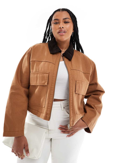 ASOS DESIGN Curve cropped pocket canvas jacket in toffee