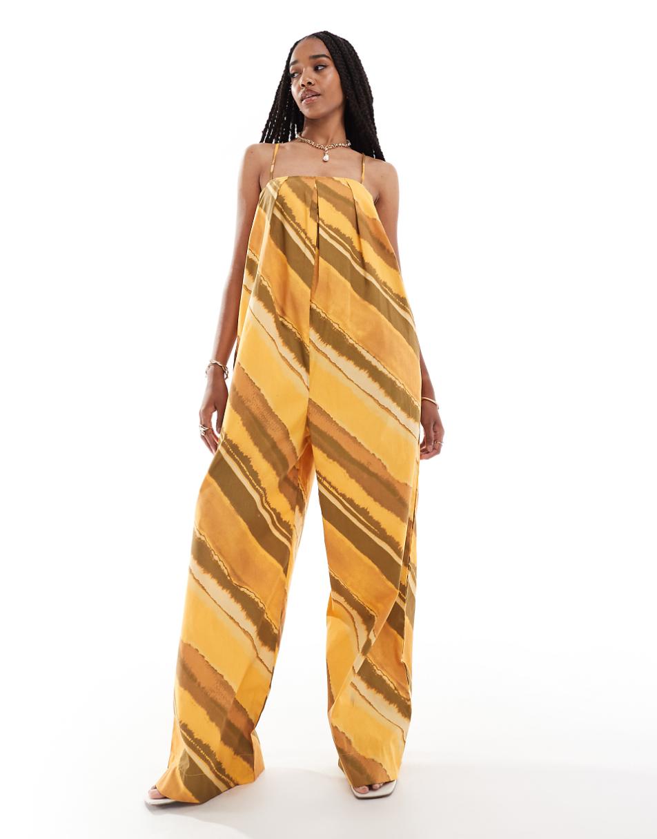 ASOS DESIGN Tall pleated square neck wide leg jumpsuit in orange stripe print