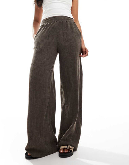 ASOS DESIGN textured wide leg pants in chocolate