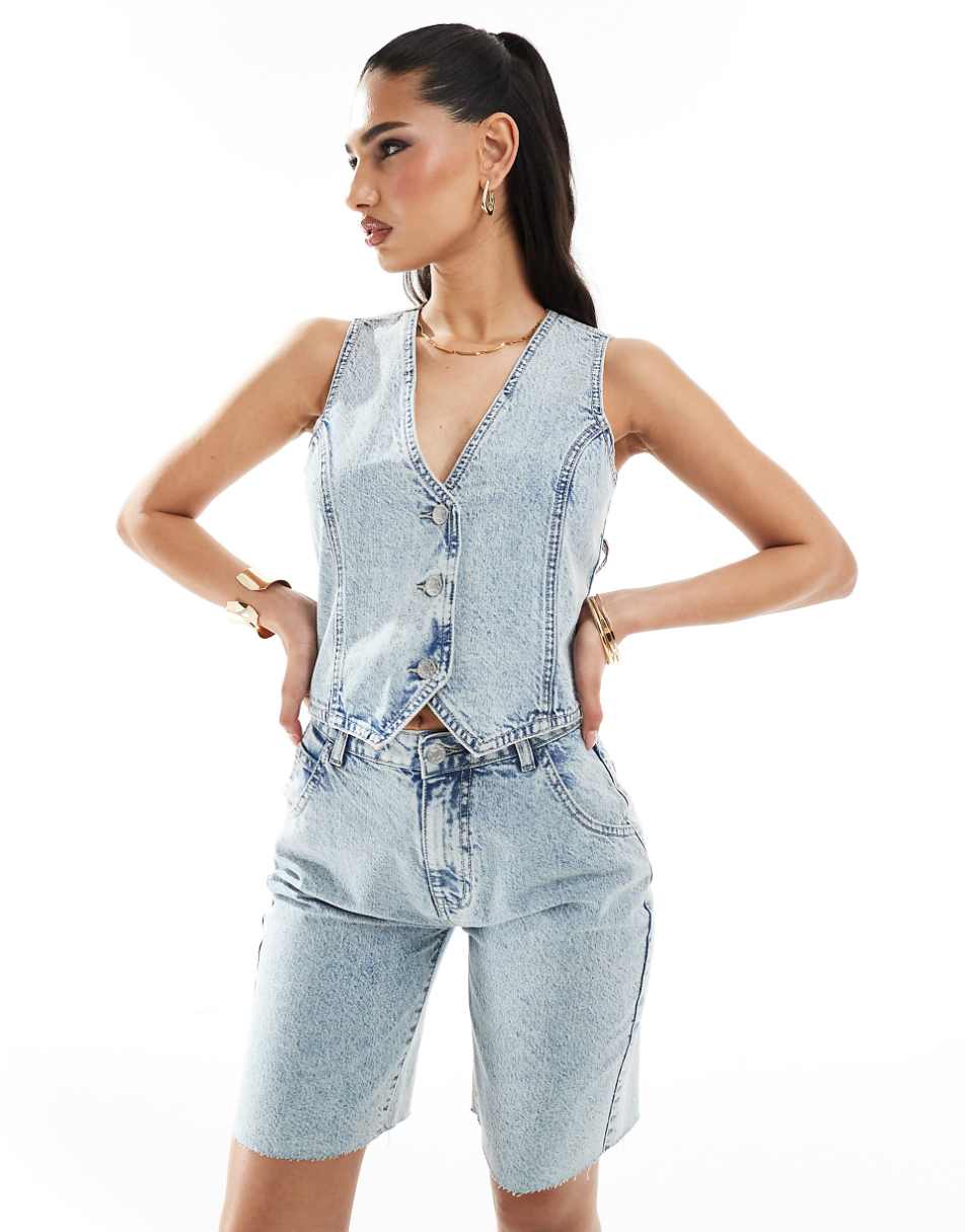 Kaiia denim vest in blue acid wash - part of a set