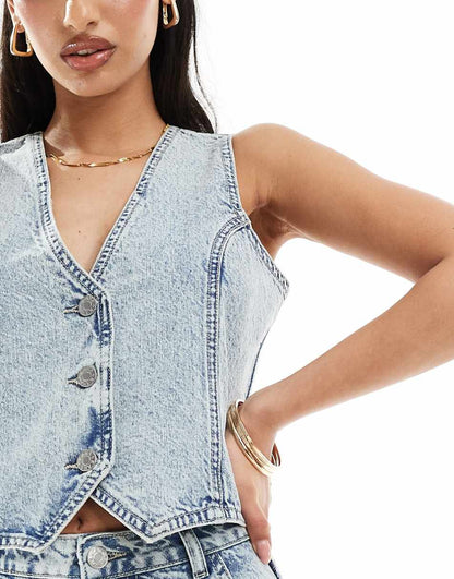 Kaiia denim vest in blue acid wash - part of a set