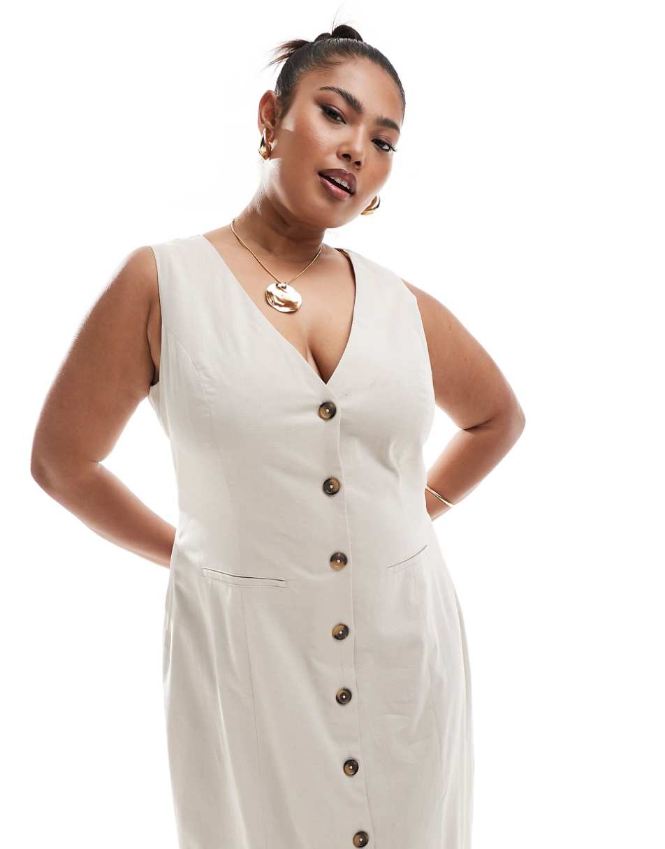 ASOS DESIGN Curve midi button up linen mix vest dress in oat