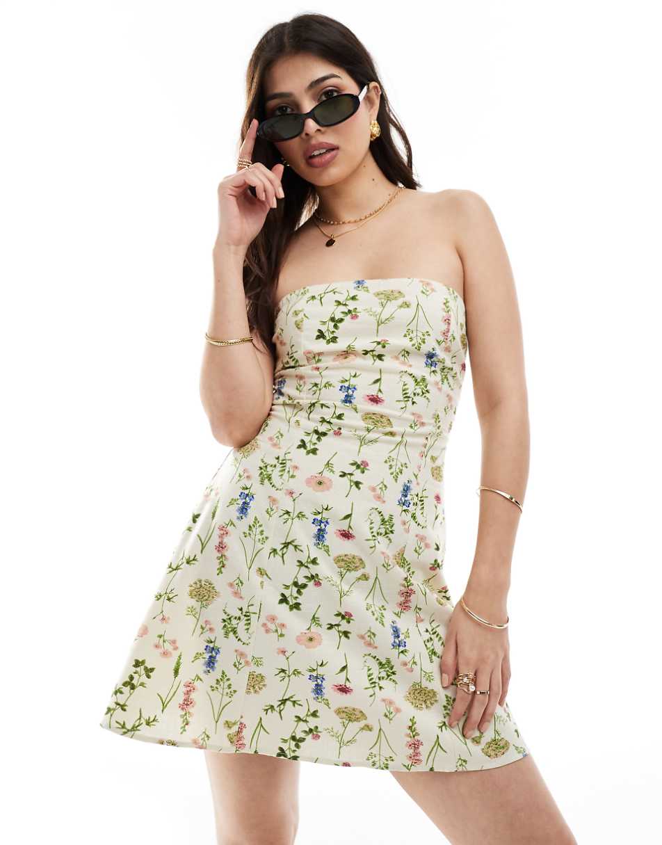 ASOS DESIGN linen bandeau mini sundress in cream botanical floral print