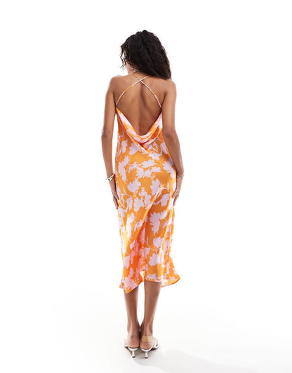 Emory Park cowl neck bloom print midi dress in orange