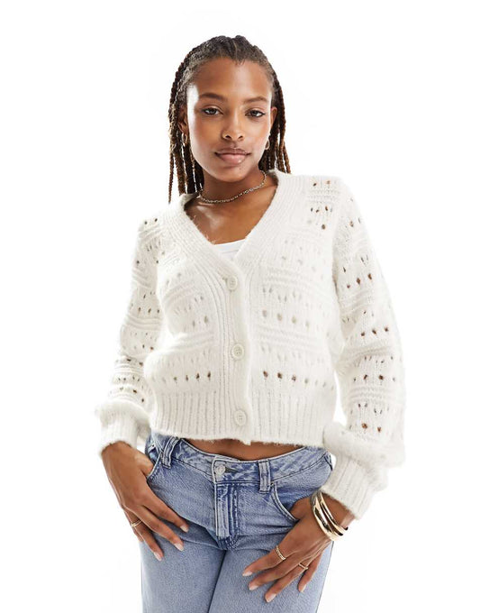 ASOS DESIGN knit cardigan in pointelle stitch in cream