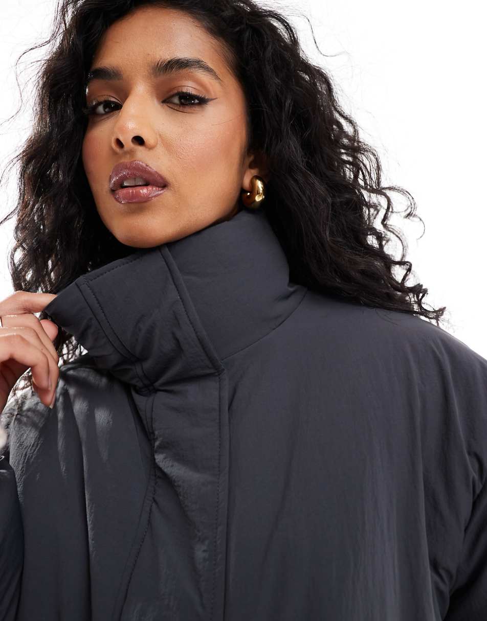 ASOS DESIGN clean puffer bomber jacket with funnel neck in charcoal