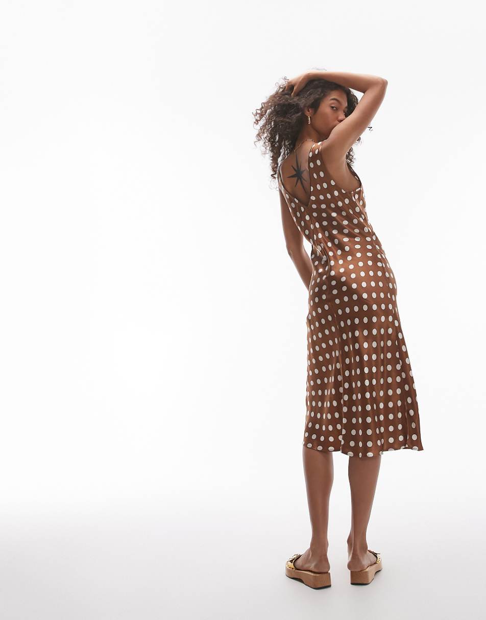 Topshop vintage polka dot awkward length slip dress in brown