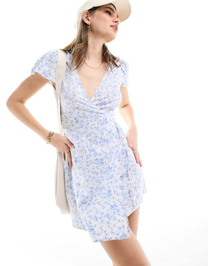 Miss Selfridge wrap mini tea dress in blue floral print