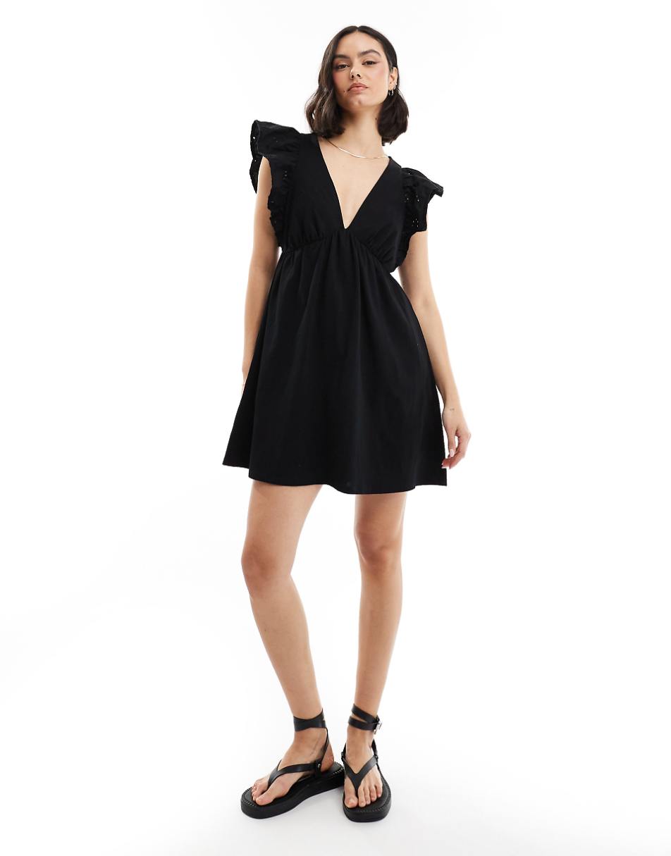 Miss Selfridge smock mini dress with eyelet sleeves in black