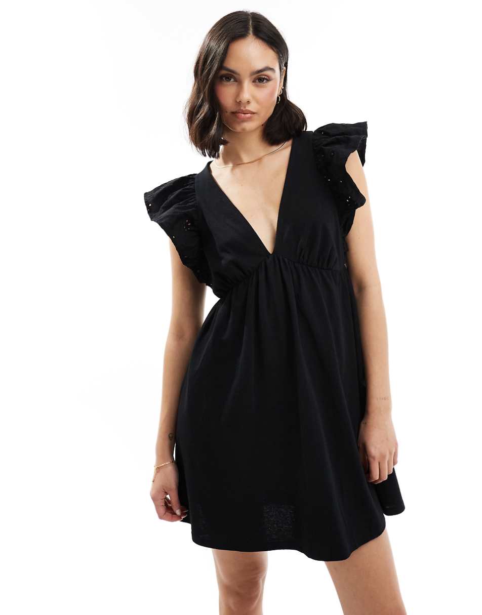 Miss Selfridge smock mini dress with eyelet sleeves in black