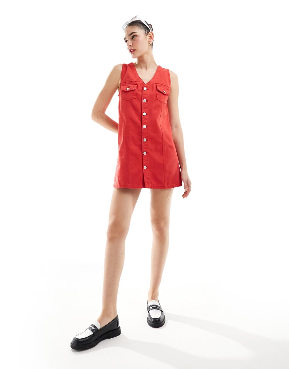 ASOS DESIGN button up denim vest mini dress in red