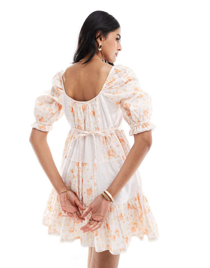 Miss Selfridge tiered mini tea dress in patchwork broderie print