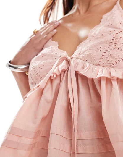 Miss Selfridge eyelet mix tie front cami top in pink