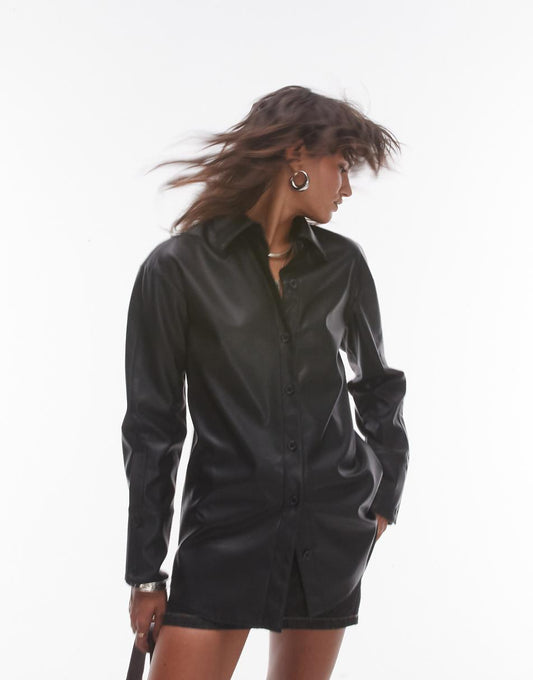 Topshop oversized faux leather shirt in black