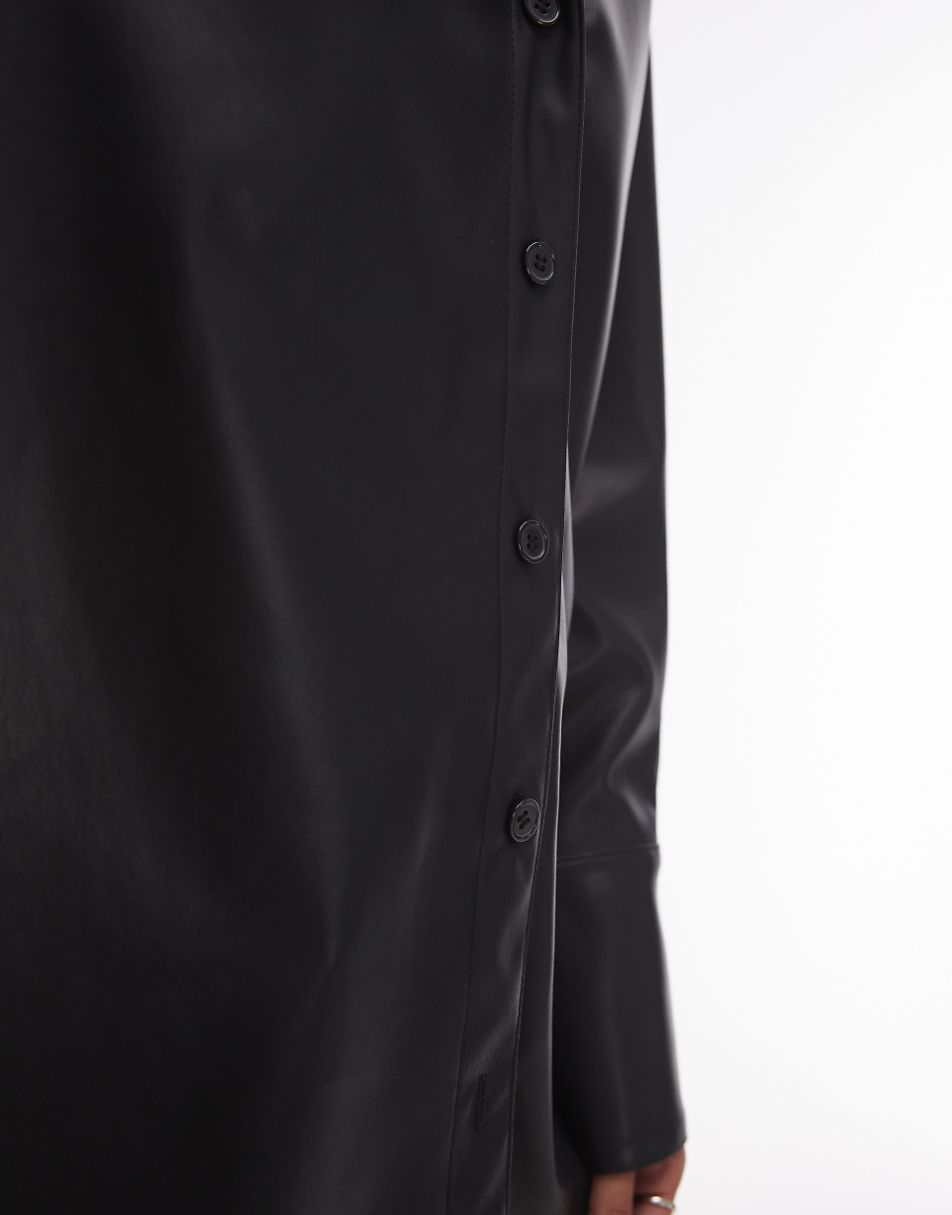 Topshop oversized faux leather shirt in black