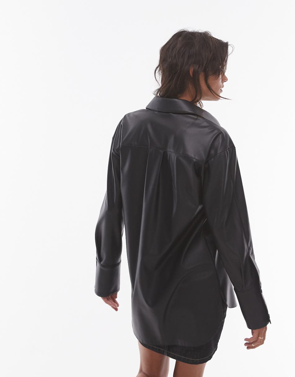 Topshop oversized faux leather shirt in black