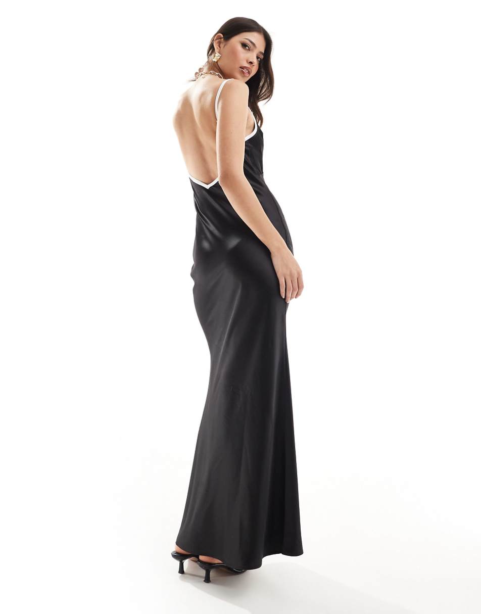 SNDYS satin cami plunge maxi dress with contrast seam detail in black