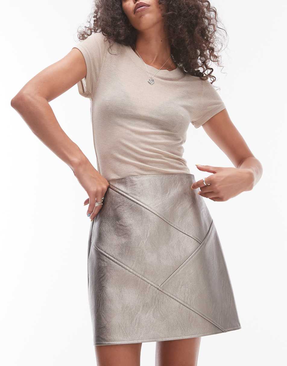 Topshop faux leather paneled seam pelmet skirt in metallic gunmetal