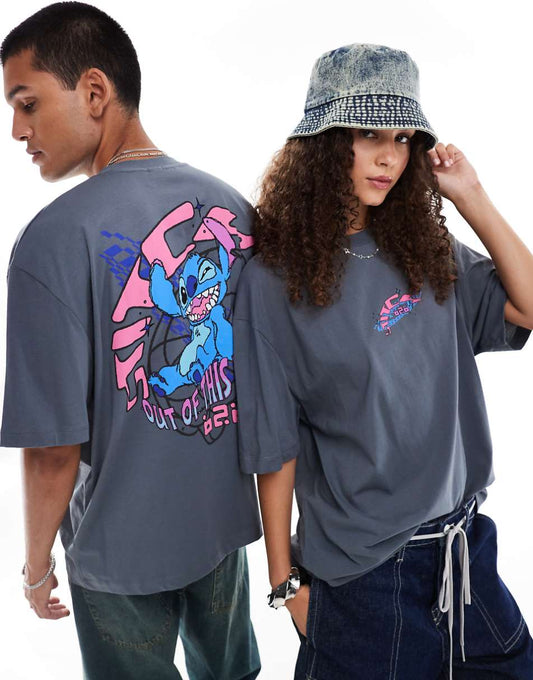 ASOS DESIGN Disney oversized unisex licensed tee in gray with Stitch prints