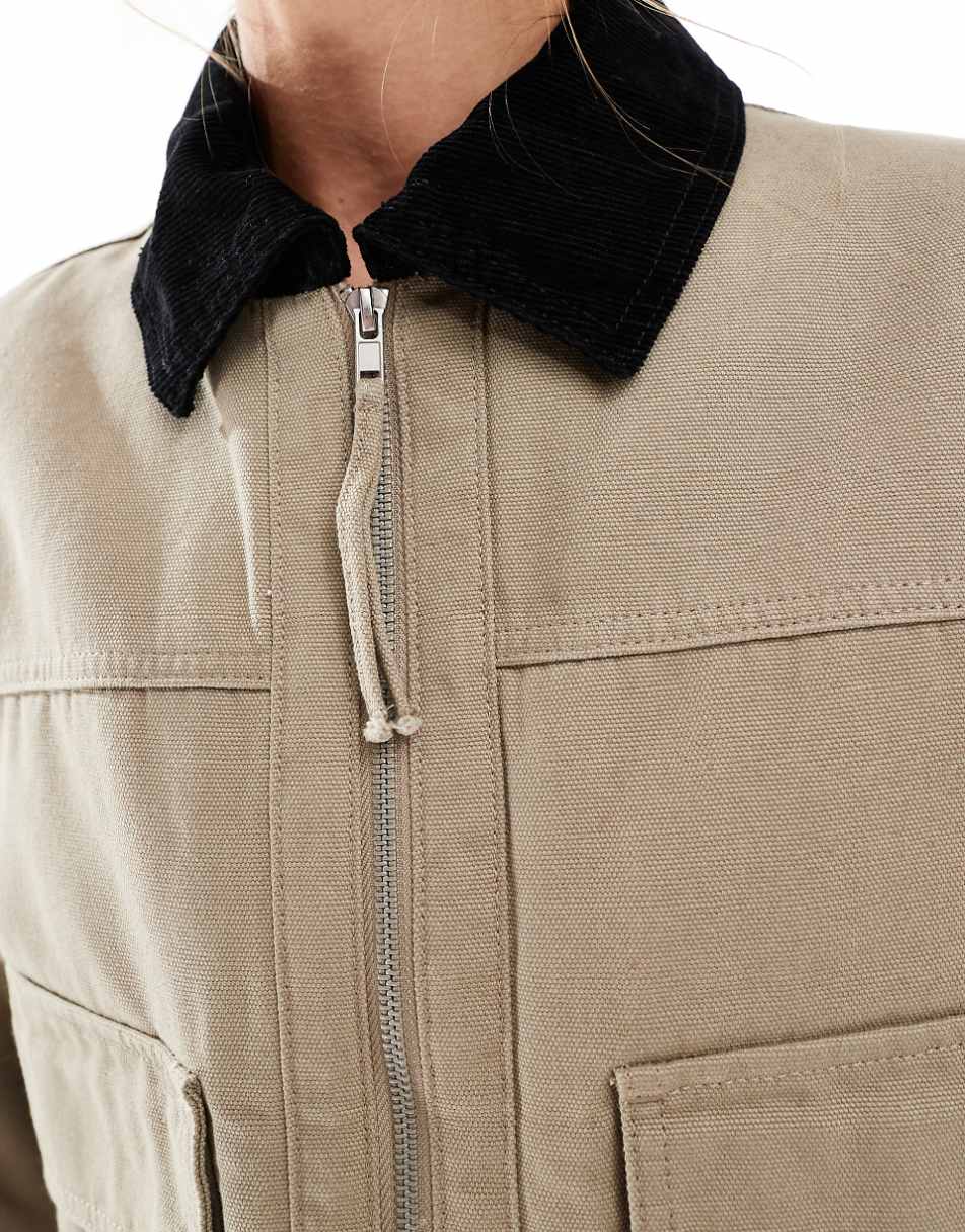 ASOS DESIGN cropped pocket canvas jacket in stone