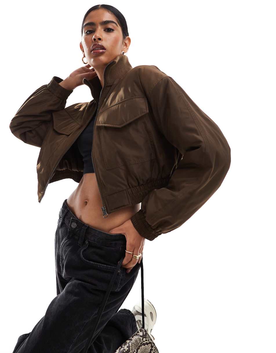 ASOS DESIGN ribbed funnel neck cropped bomber jacket in tan