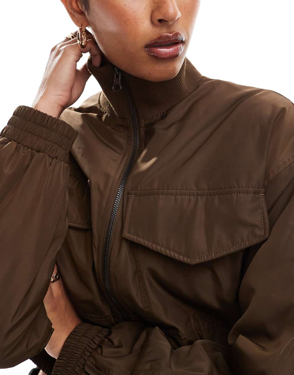 ASOS DESIGN ribbed funnel neck cropped bomber jacket in tan