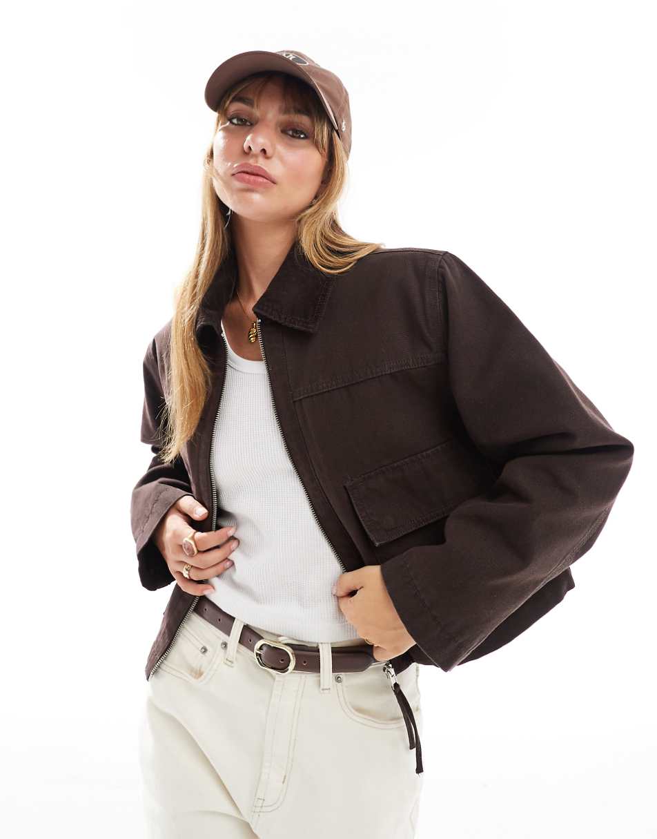 ASOS DESIGN cropped pocket canvas jacket in chocolate