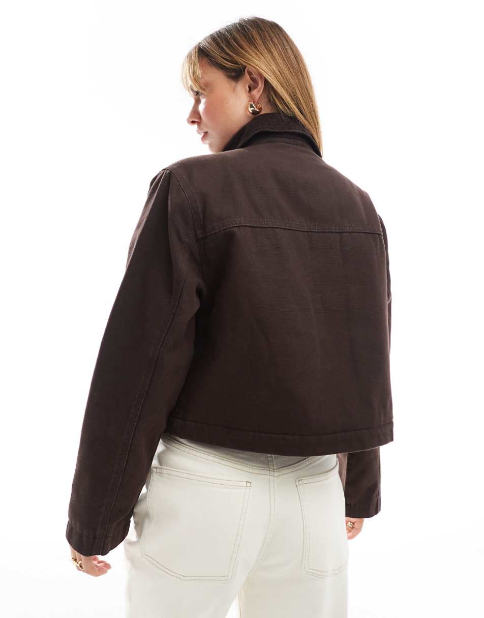 ASOS DESIGN cropped pocket canvas jacket in chocolate