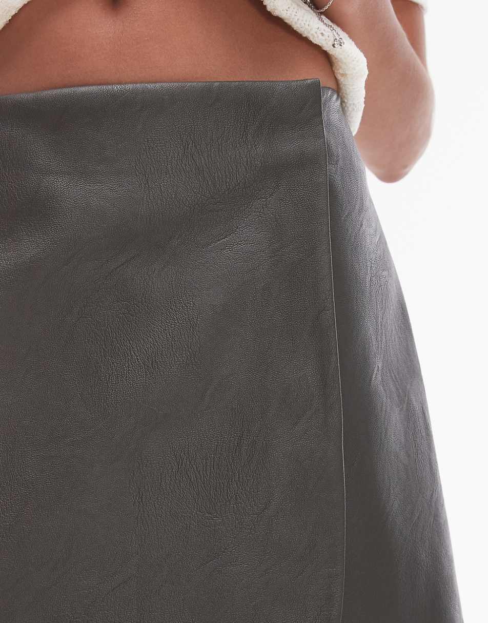 Topshop faux leather wrap mini skirt in dark khaki