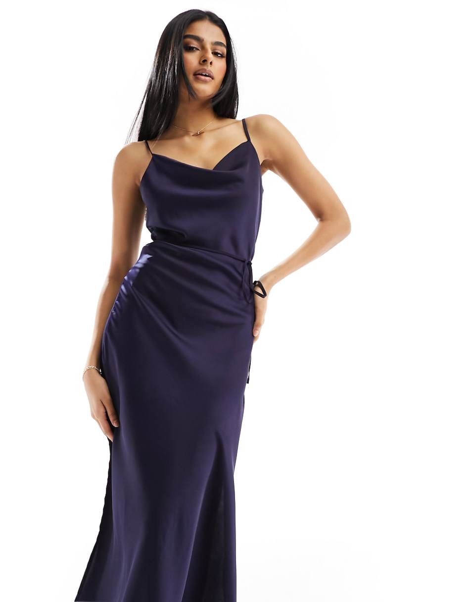 YAS Bridesmaid satin cami maxi dress in deep rich navy