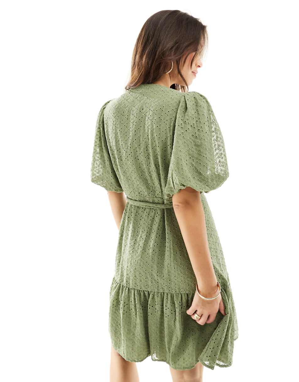 YAS broderie wrap mini dress in green