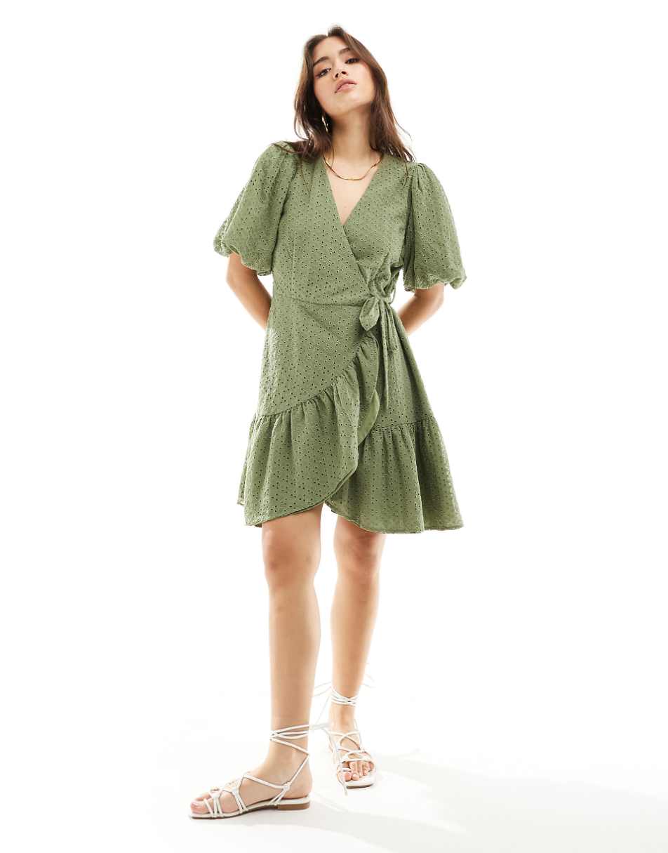 YAS broderie wrap mini dress in green