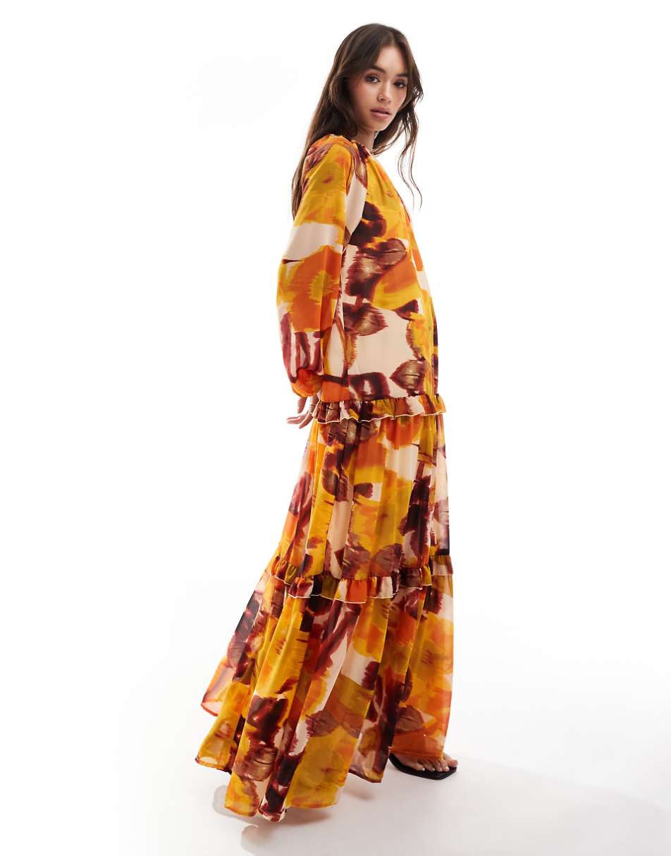 ASOS DESIGN high neck smock maxi dress with frill detail in blurred floral print