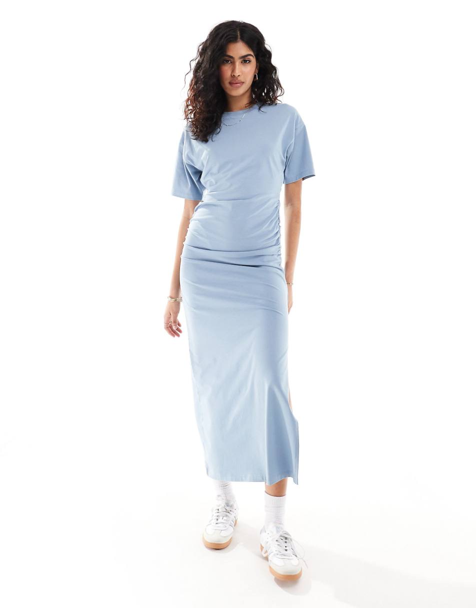 ASOS DESIGN crew neck midaxi T-shirt dress with ruched sides in blue